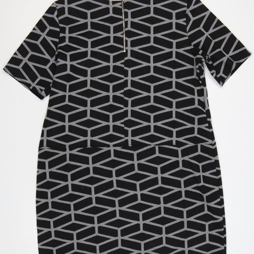 Wallis Women’s Black Geometric Shift Dress Size 20 Knee Length Zip Detail