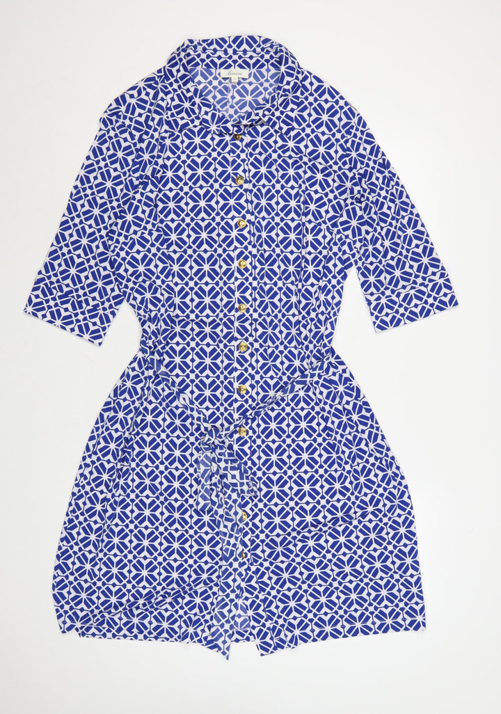 Linea Women Blue Geometric Collared Shirt Dress Size 18