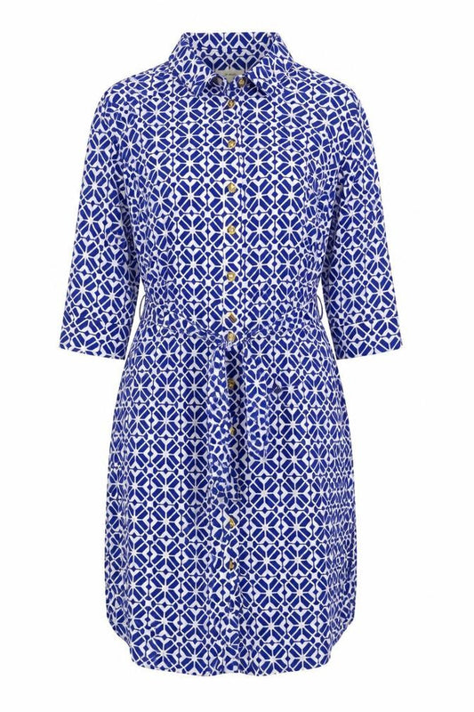 Front view of Linea Women Blue Geometric Collared Shirt Dress, size 18