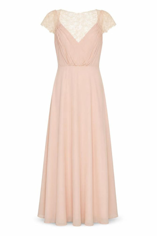 Front view of ASOS Women’s Beige Lace Maxi Dress UK 8 V-Neck Short Sleeve