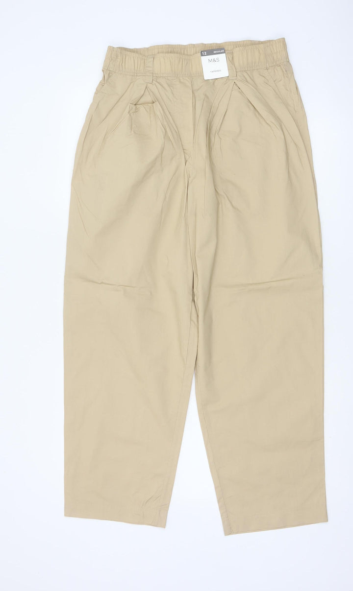 Marks & Spencer Women Beige Size 12 Regular Tapered Cotton Trousers