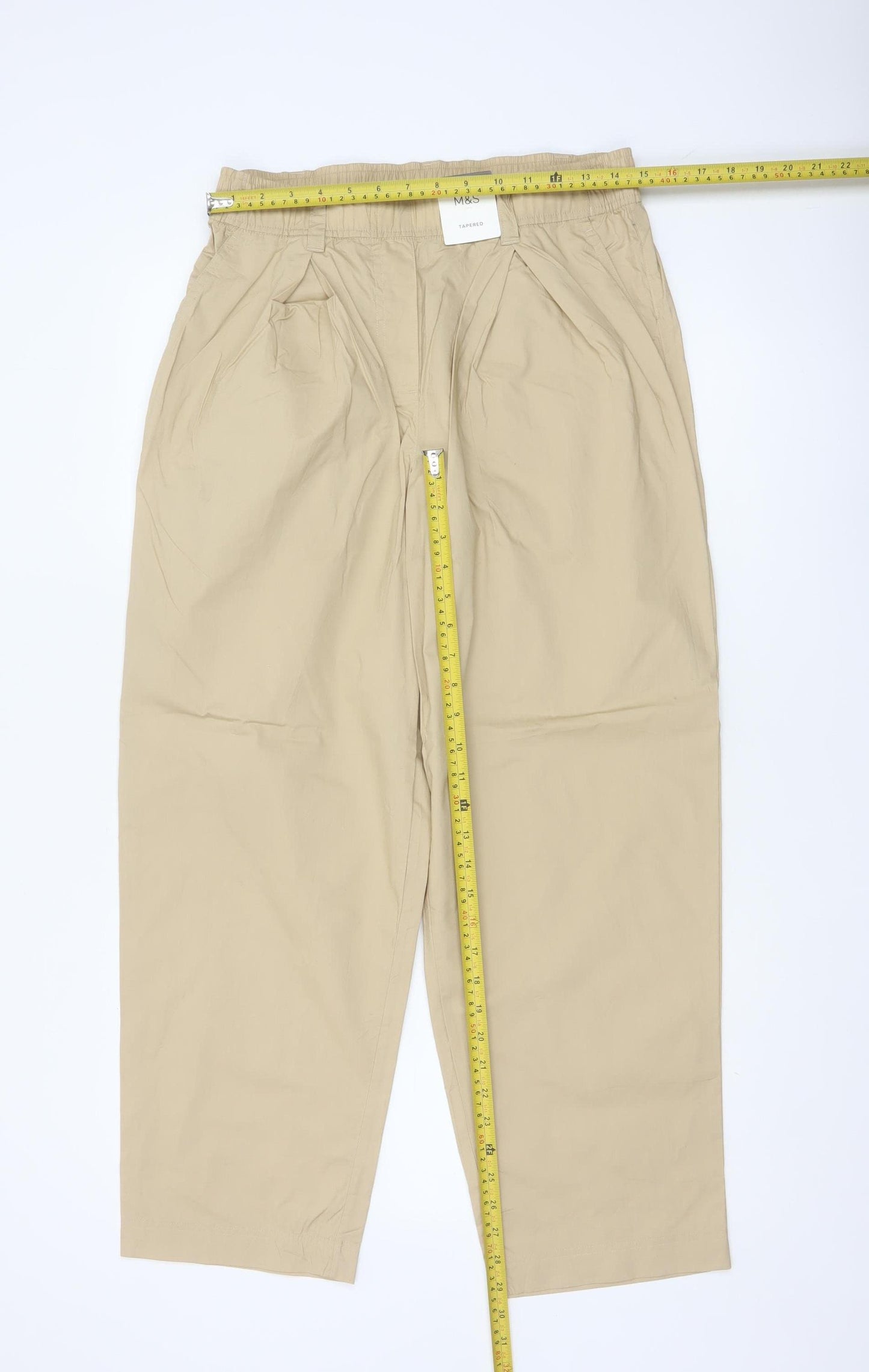 Marks & Spencer Women Beige Size 12 Regular Tapered Cotton Trousers