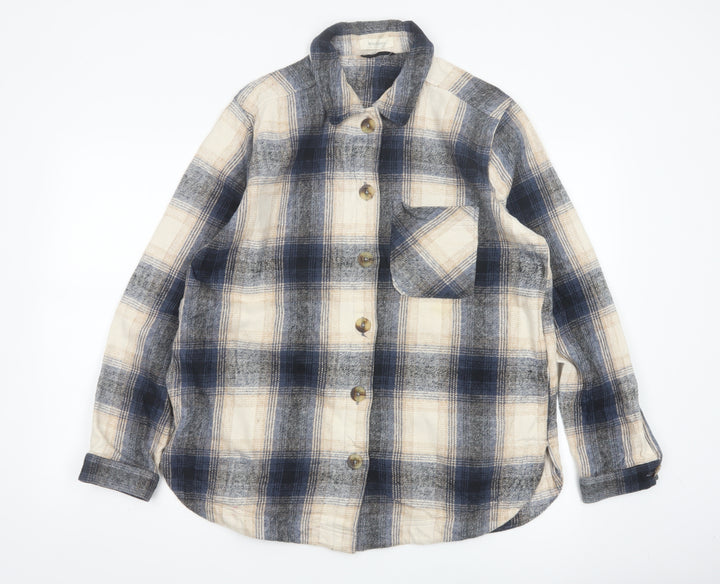 Woolovers Women Blue Plaid Cotton Flannel Button-Up Shirt UK 14