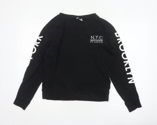 H&M Divided Women Black S NYC Brooklyn Graphic Long Sleeve Jersey Top