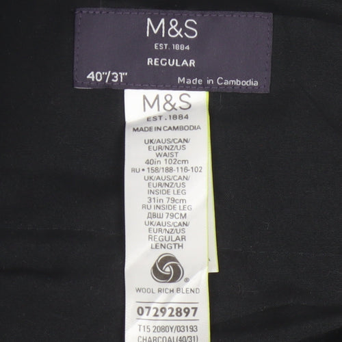 Marks and Spencer Men's Grey 40/31 Regular Wool Blend Dress Trousers