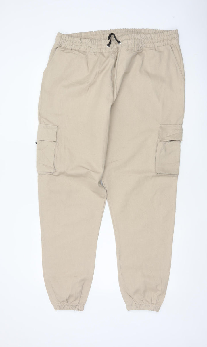 boohooMAN Men's Beige 4XL Cargo Trousers Cotton Cuffed Joggers