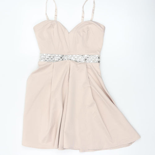 Lipsy Women Beige Size 8 Fit & Flare Rhinestone Party Mini Dress
