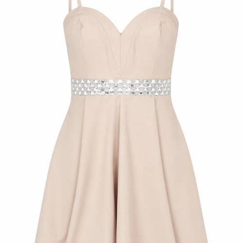 Lipsy Women Beige Size 8 Fit & Flare Rhinestone Party Mini Dress
