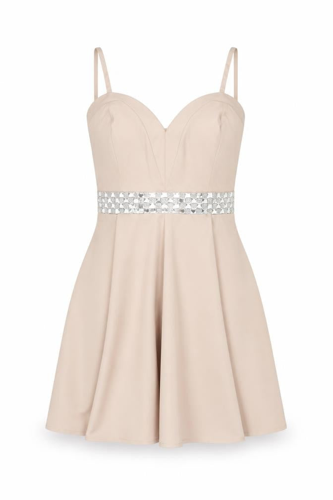 Lipsy Women Beige Size 8 Fit & Flare Rhinestone Party Mini Dress