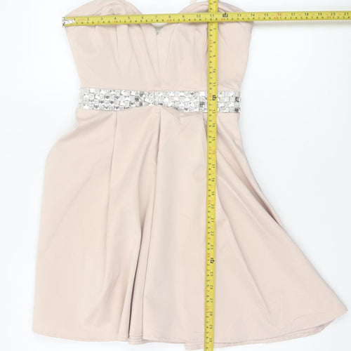 Lipsy Women Beige Size 8 Fit & Flare Rhinestone Party Mini Dress