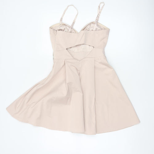 Lipsy Women Beige Size 8 Fit & Flare Rhinestone Party Mini Dress