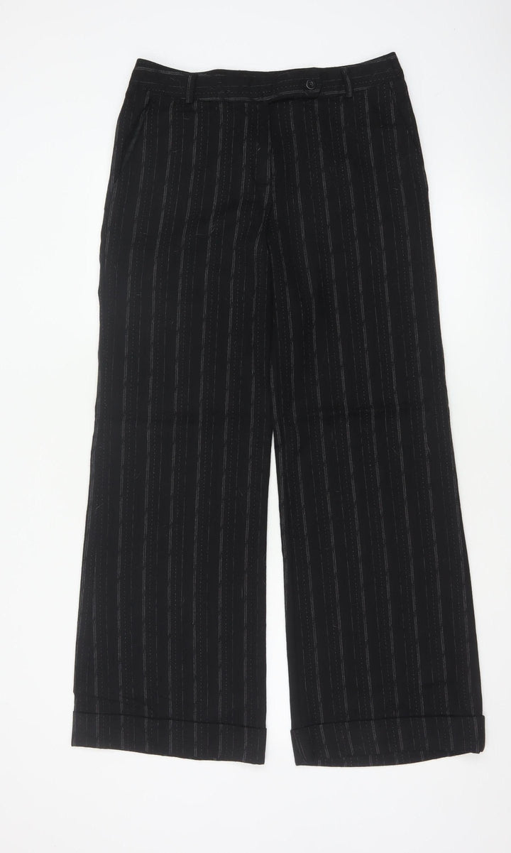 Next Women’s Black Striped Wool Blend Wide-Leg Trousers UK 10 Regular
