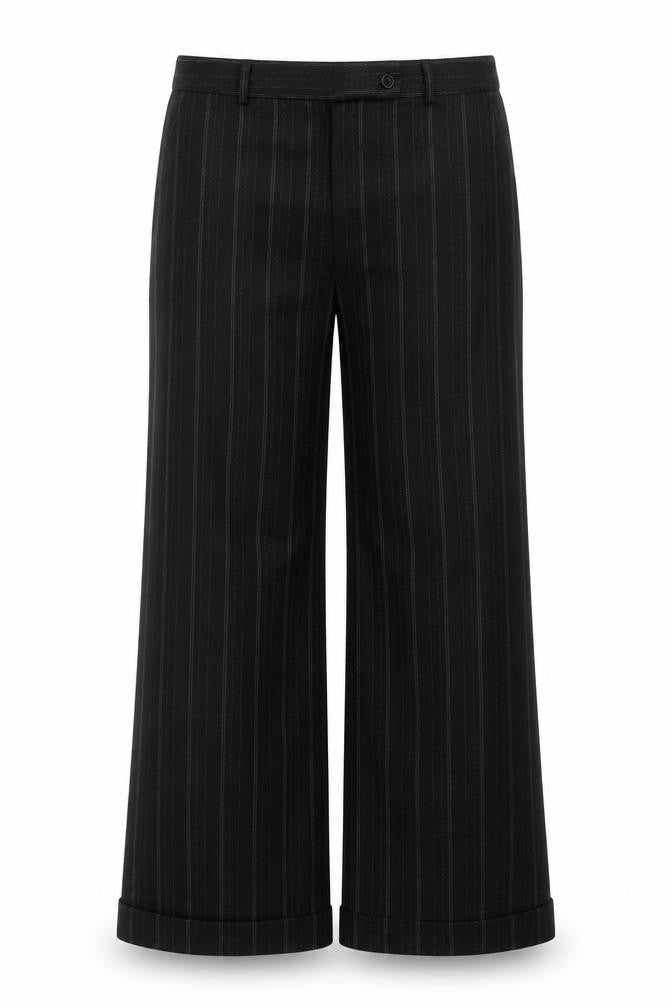 Next Women’s Black Striped Wool Blend Wide-Leg Trousers UK 10 Regular