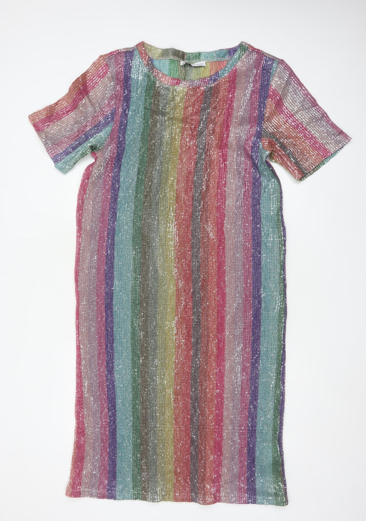 Zara Women Multicoloured Sequin Striped Midi Sheath Dress Size S