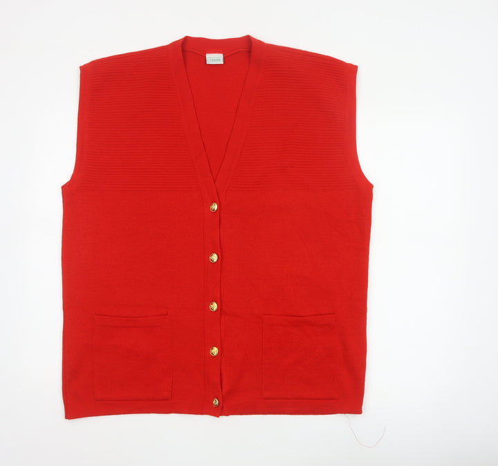 Canda Women Red UK 24 V-Neck Button Knit Vest Cardigan Pockets