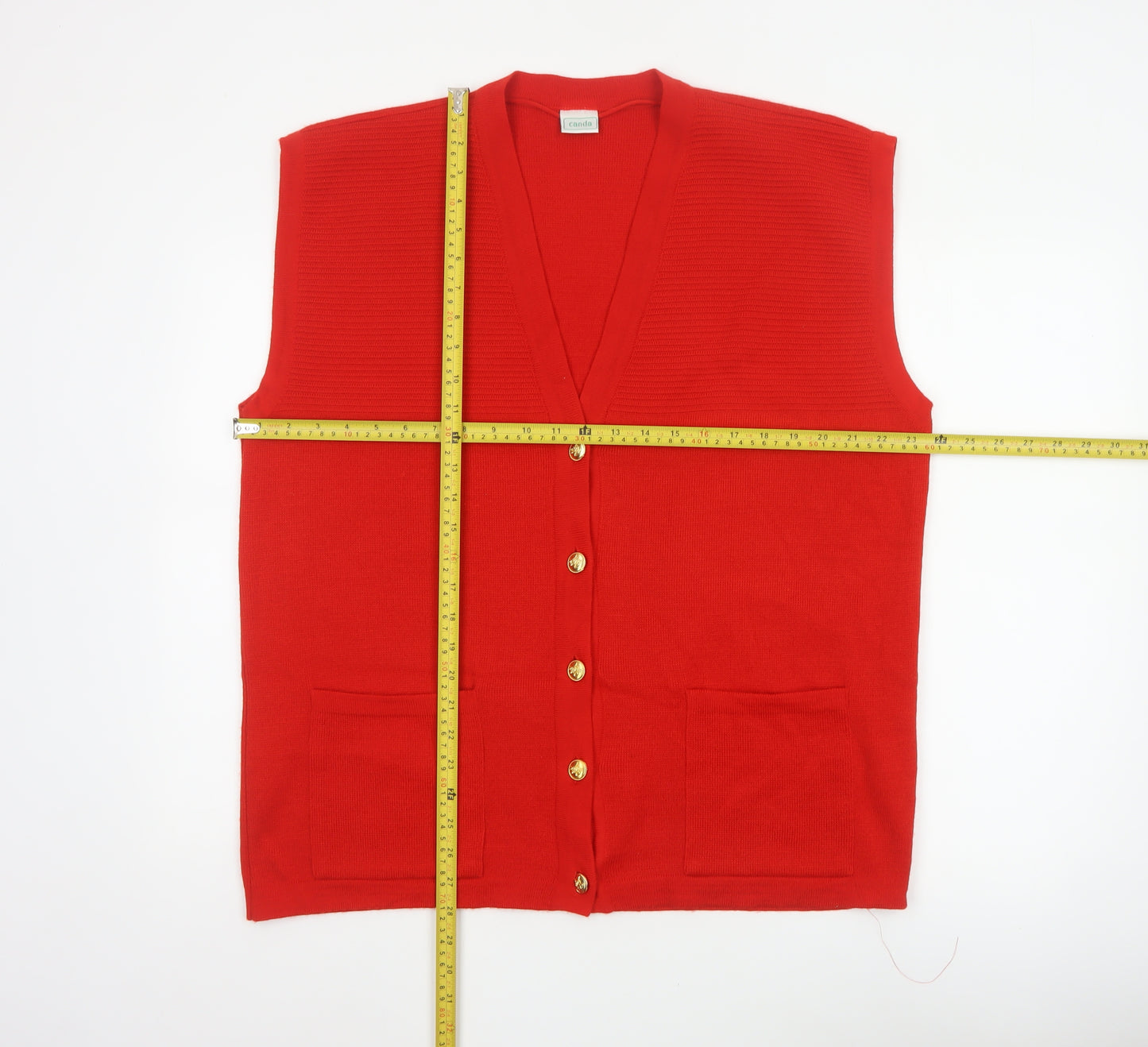 Canda Women Red UK 24 V-Neck Button Knit Vest Cardigan Pockets