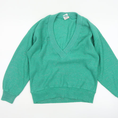 C&A Women Green Silver Glitter V-Neck Knit Pullover Jumper UK 18