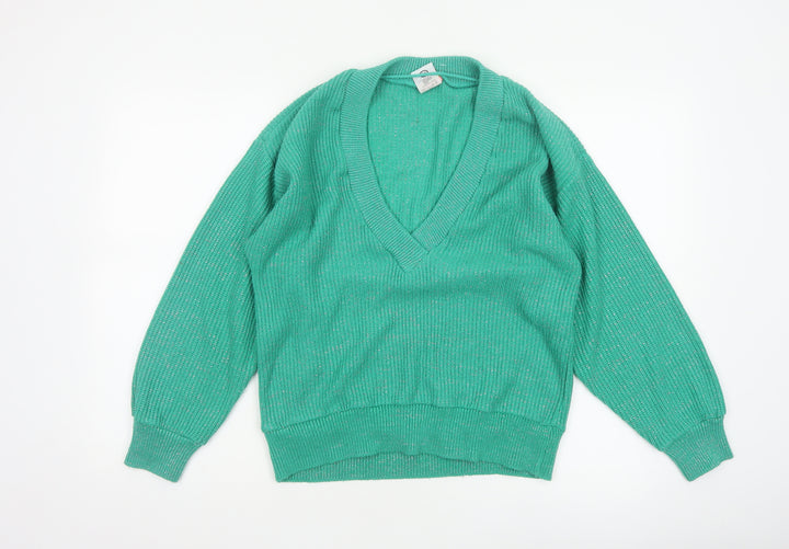 C&A Women Green Silver Glitter V-Neck Knit Pullover Jumper UK 18