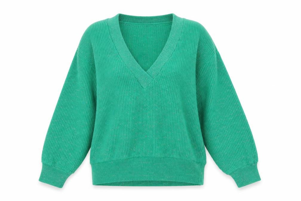 Front view of C&A Women Green Silver Glitter V-Neck Knit jumper UK 18