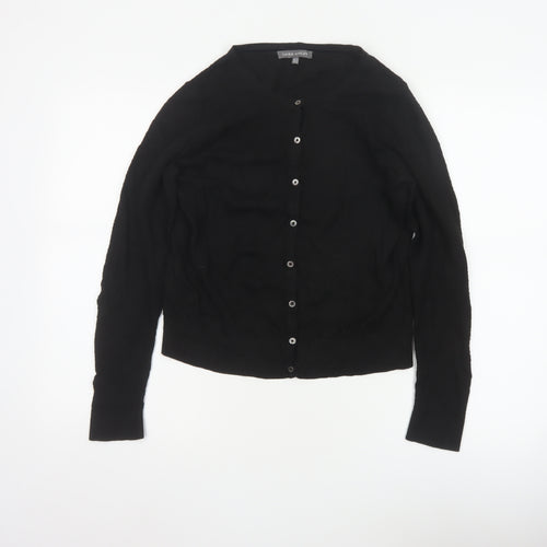 Laura Ashley Women Black UK 10 V-Neck Cotton Silk Knit Cardigan