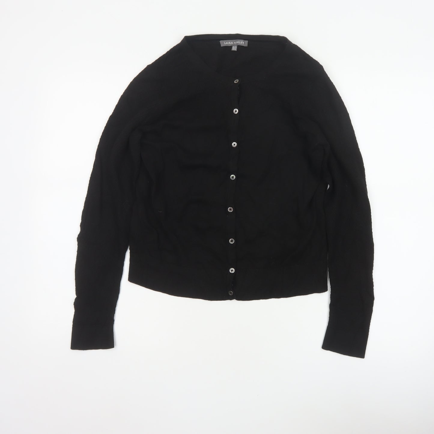 Laura Ashley Women Black UK 10 V-Neck Cotton Silk Knit Cardigan