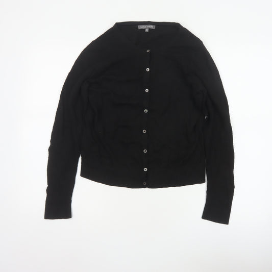 Laura Ashley Women Black UK 10 V-Neck Cotton Silk Knit Cardigan