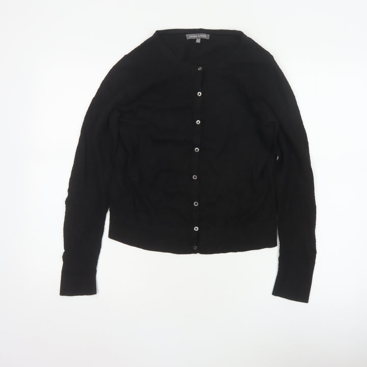 Laura Ashley Women Black UK 10 V-Neck Cotton Silk Knit Cardigan