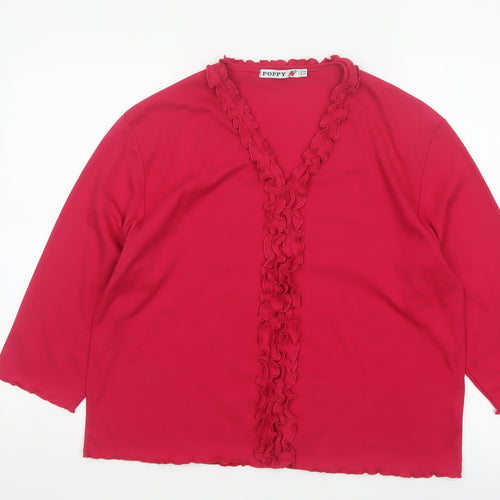 Poppy Women Pink UK 20 Ruffle V-Neck 3/4 Bell Sleeve Jersey Blouse