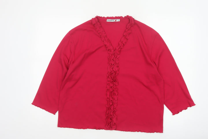 Poppy Women Pink UK 20 Ruffle V-Neck 3/4 Bell Sleeve Jersey Blouse