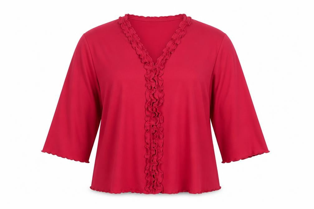 Poppy Women Pink UK 20 Ruffle V-Neck 3/4 Bell Sleeve Jersey Blouse