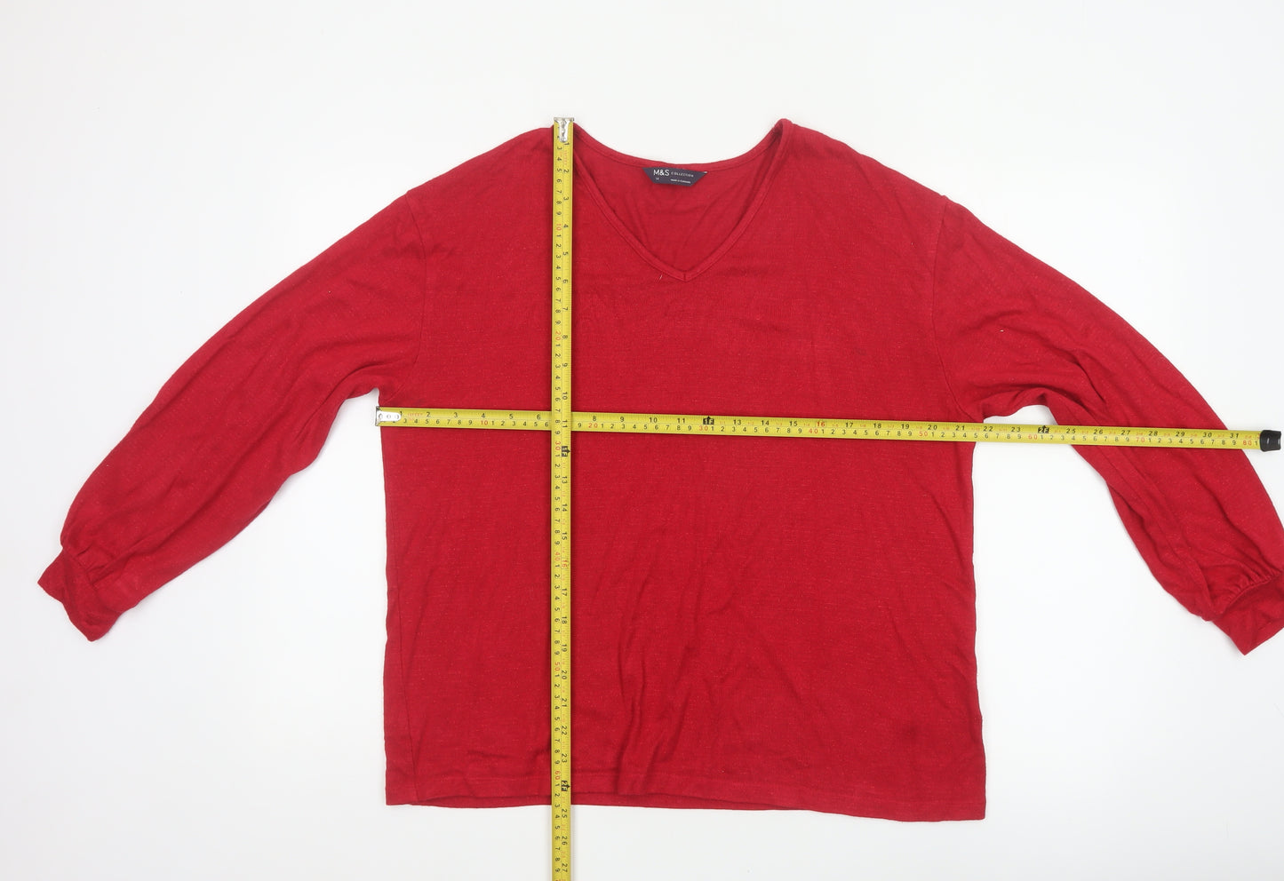 Marks and Spencer Women Red UK 14 V-Neck Glitter Jersey Top