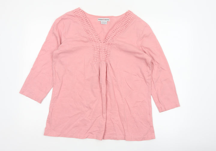 Atlas for Women Pink Cotton Crochet V-Neck Tunic Top UK 18