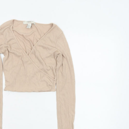 Forever 21 Women Beige UK 8 Ribbed Wrap Cropped Flared Sleeve Blouse