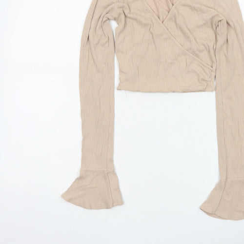 Forever 21 Women Beige UK 8 Ribbed Wrap Cropped Flared Sleeve Blouse