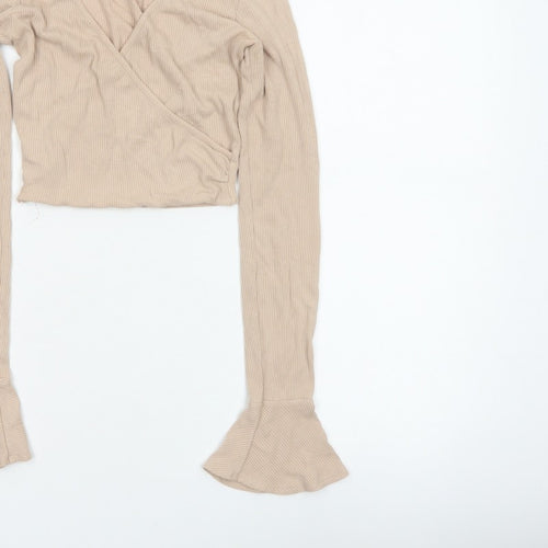 Forever 21 Women Beige UK 8 Ribbed Wrap Cropped Flared Sleeve Blouse