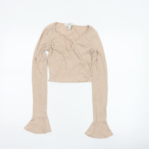 Forever 21 Women Beige UK 8 Ribbed Wrap Cropped Flared Sleeve Blouse