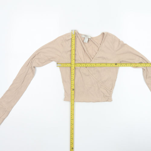 Forever 21 Women Beige UK 8 Ribbed Wrap Cropped Flared Sleeve Blouse