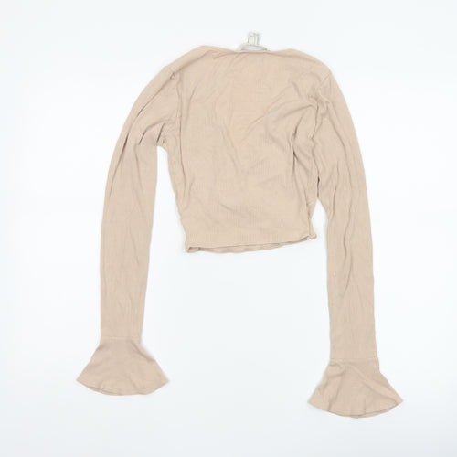 Forever 21 Women Beige UK 8 Ribbed Wrap Cropped Flared Sleeve Blouse