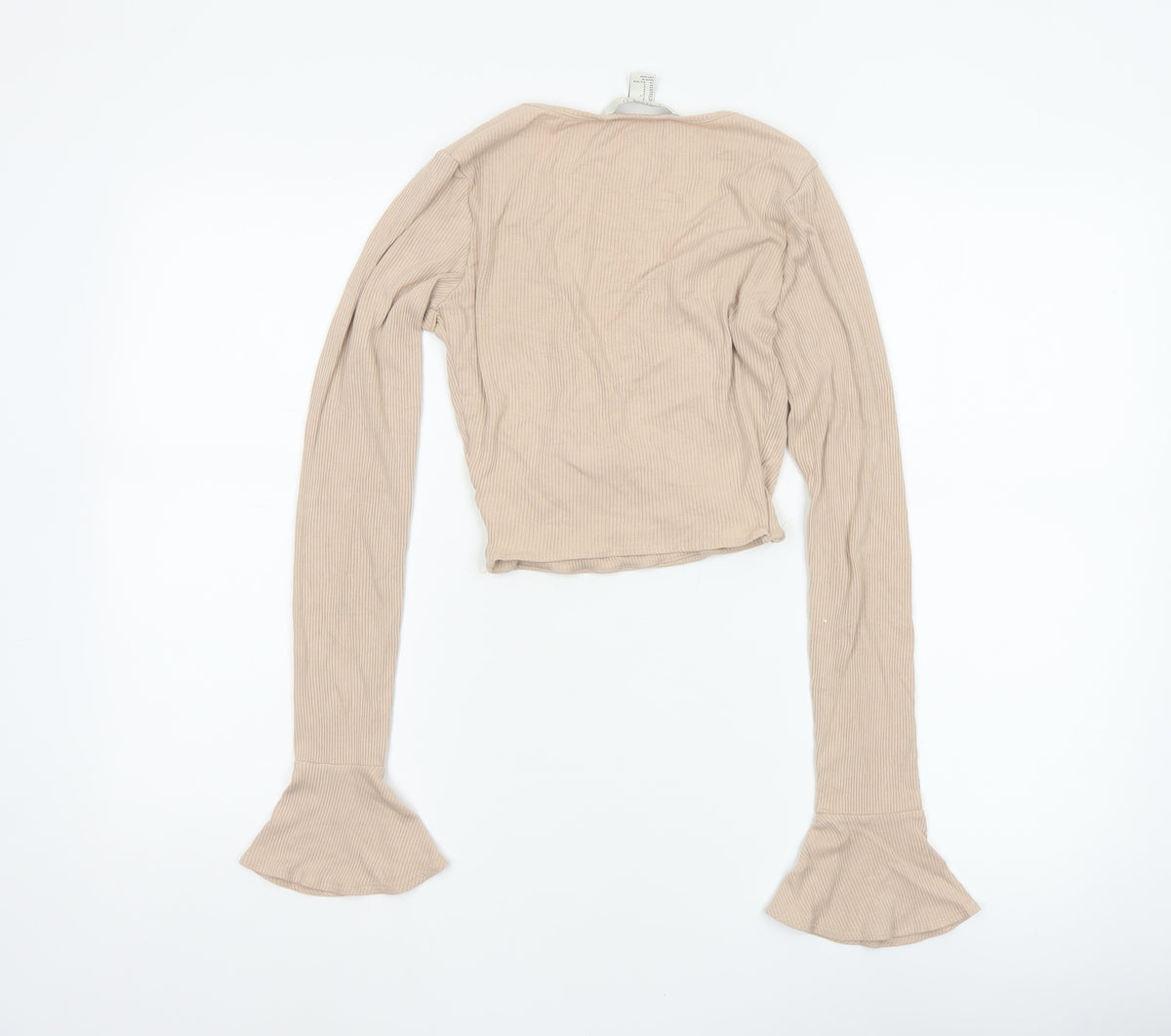 Forever 21 Women Beige UK 8 Ribbed Wrap Cropped Flared Sleeve Blouse