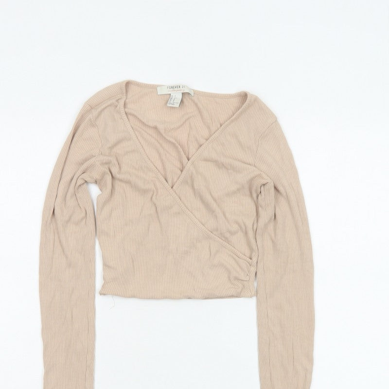 Forever 21 Women Beige UK 8 Ribbed Wrap Cropped Flared Sleeve Blouse