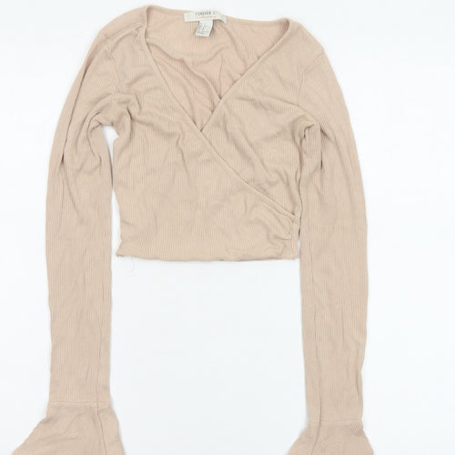 Forever 21 Women Beige UK 8 Ribbed Wrap Cropped Flared Sleeve Blouse