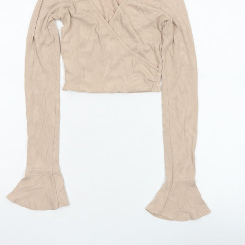 Forever 21 Women Beige UK 8 Ribbed Wrap Cropped Flared Sleeve Blouse