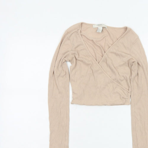 Forever 21 Women Beige UK 8 Ribbed Wrap Cropped Flared Sleeve Blouse