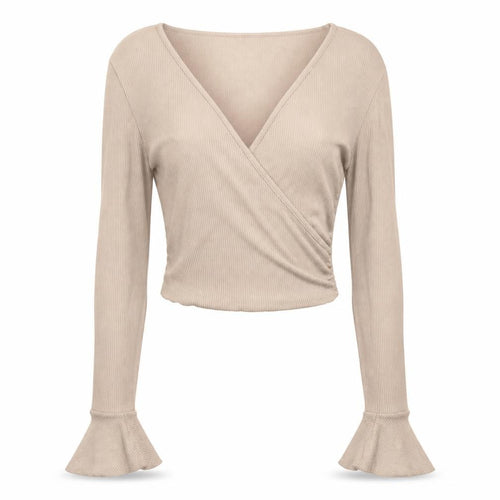 Forever 21 Women Beige UK 8 Ribbed Wrap Cropped Flared Sleeve Blouse