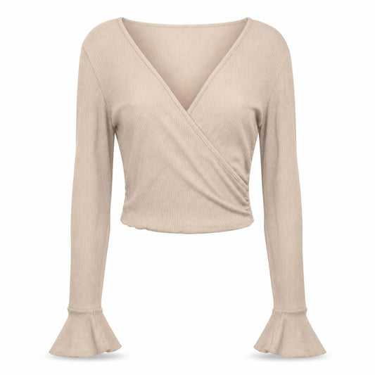 Forever 21 Women Beige UK 8 Ribbed Wrap Cropped Flared Sleeve Blouse