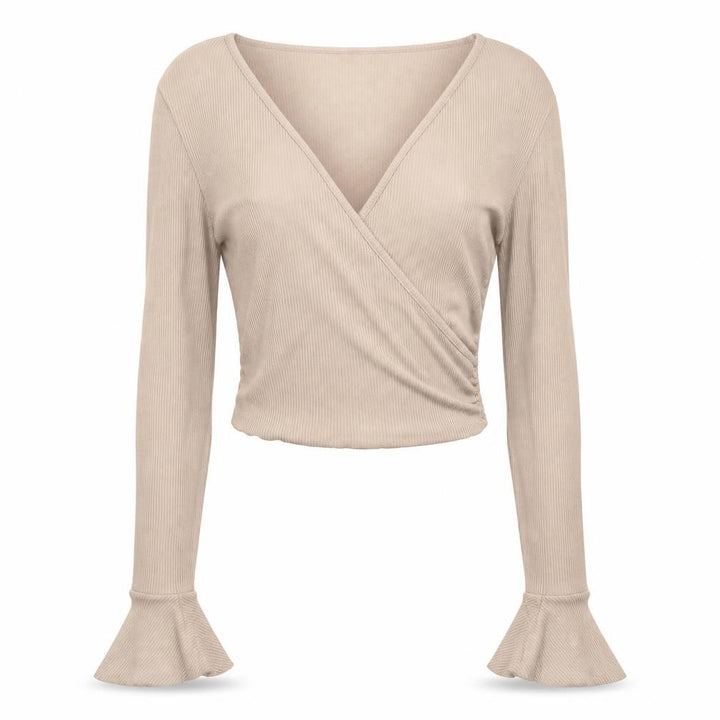 Forever 21 Women Beige UK 8 Ribbed Wrap Cropped Flared Sleeve Blouse
