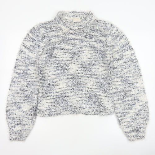 Lauren Taylor Women’s Blue Ivory Stripe Chunky Knit High Neck Jumper M