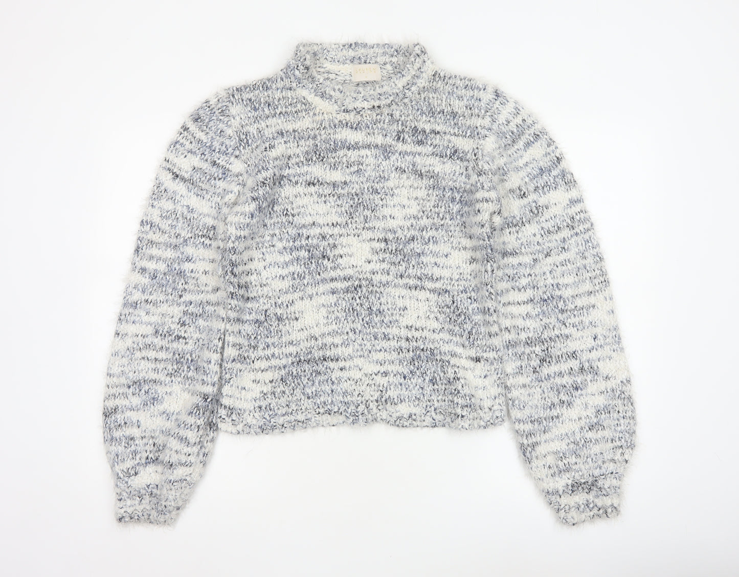 Lauren Taylor Women’s Blue Ivory Stripe Chunky Knit High Neck Jumper M