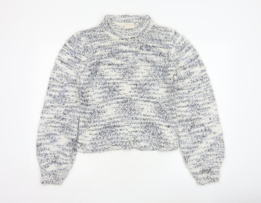 Lauren Taylor Women’s Blue Ivory Stripe Chunky Knit High Neck Jumper M