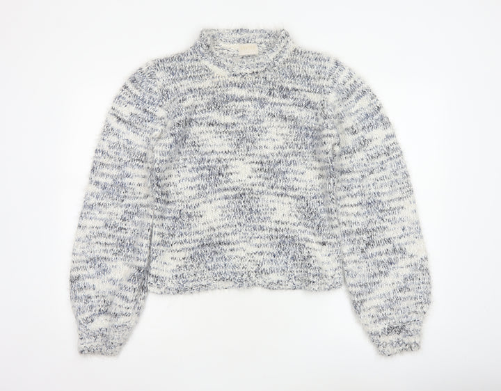 Lauren Taylor Women’s Blue Ivory Stripe Chunky Knit High Neck Jumper M